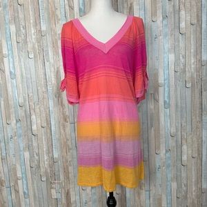 Nanette Lepore L Pink Stripe Knit Swim Cover Up Tunic Mini Dress V Neck Summer